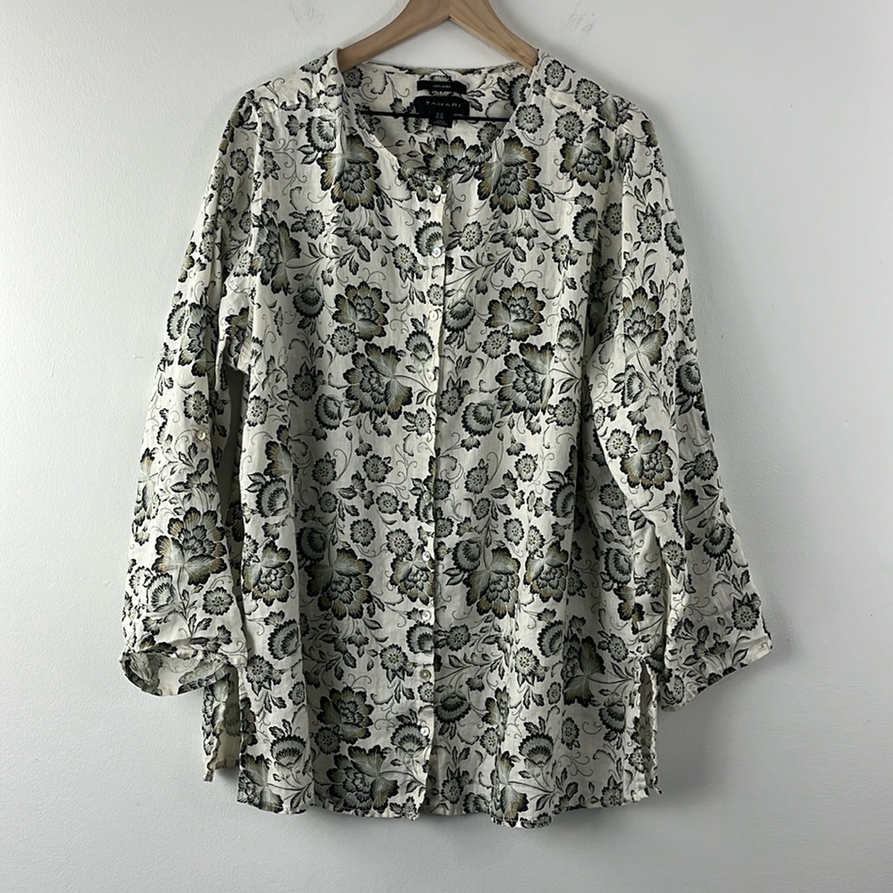 Tahari 100% Linen Floral Roll Tab Long Sleeve Button Up Top Womens Size 1X